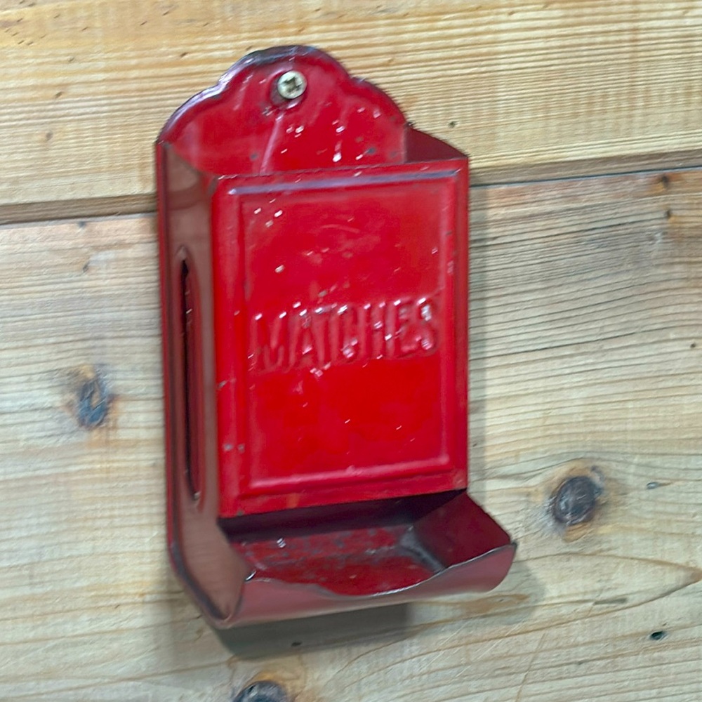 Vintage Red Metal Wall Hanging Match Holder / Fireplace or Woodstove